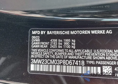 2023 BMW 230 I z USA, uszkodzony, nr VIN 3MW23CM03P8D67418